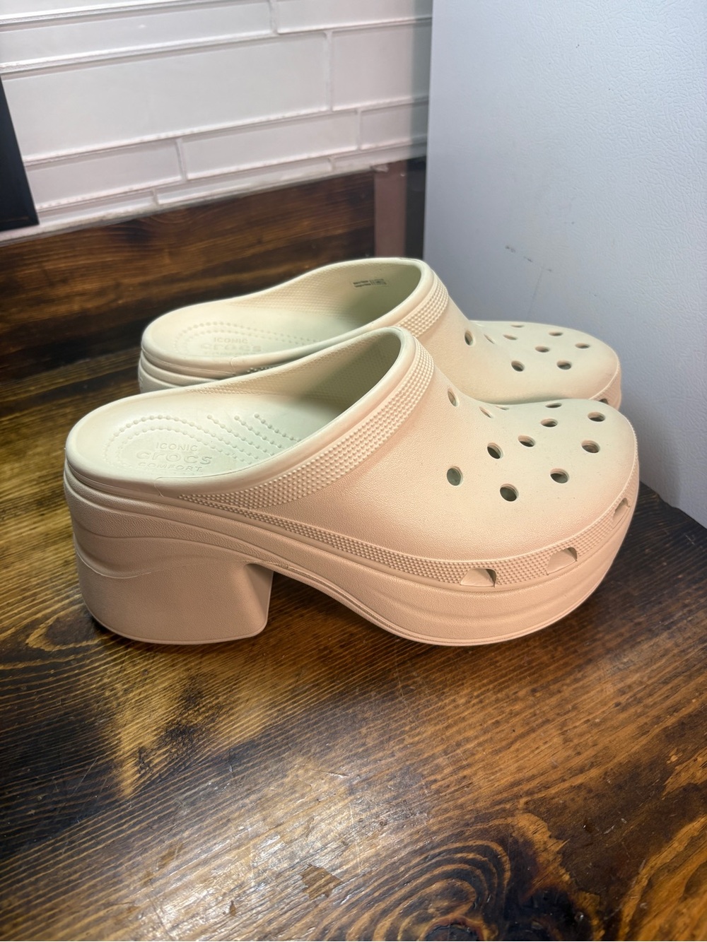 Crocs tan heeled mules size 12
